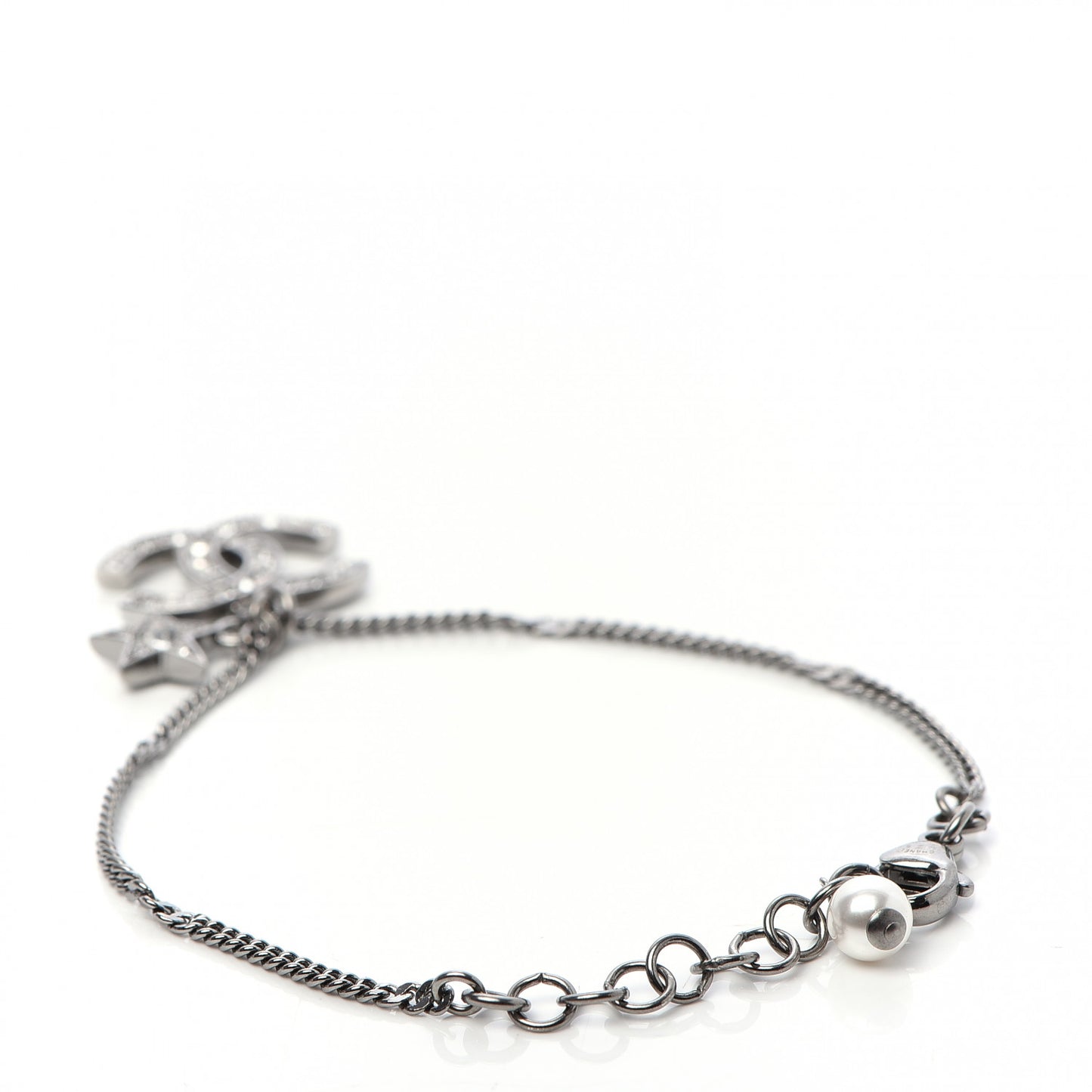 Metal Pearl Crystal Baguette CC Star Bracelet Silver