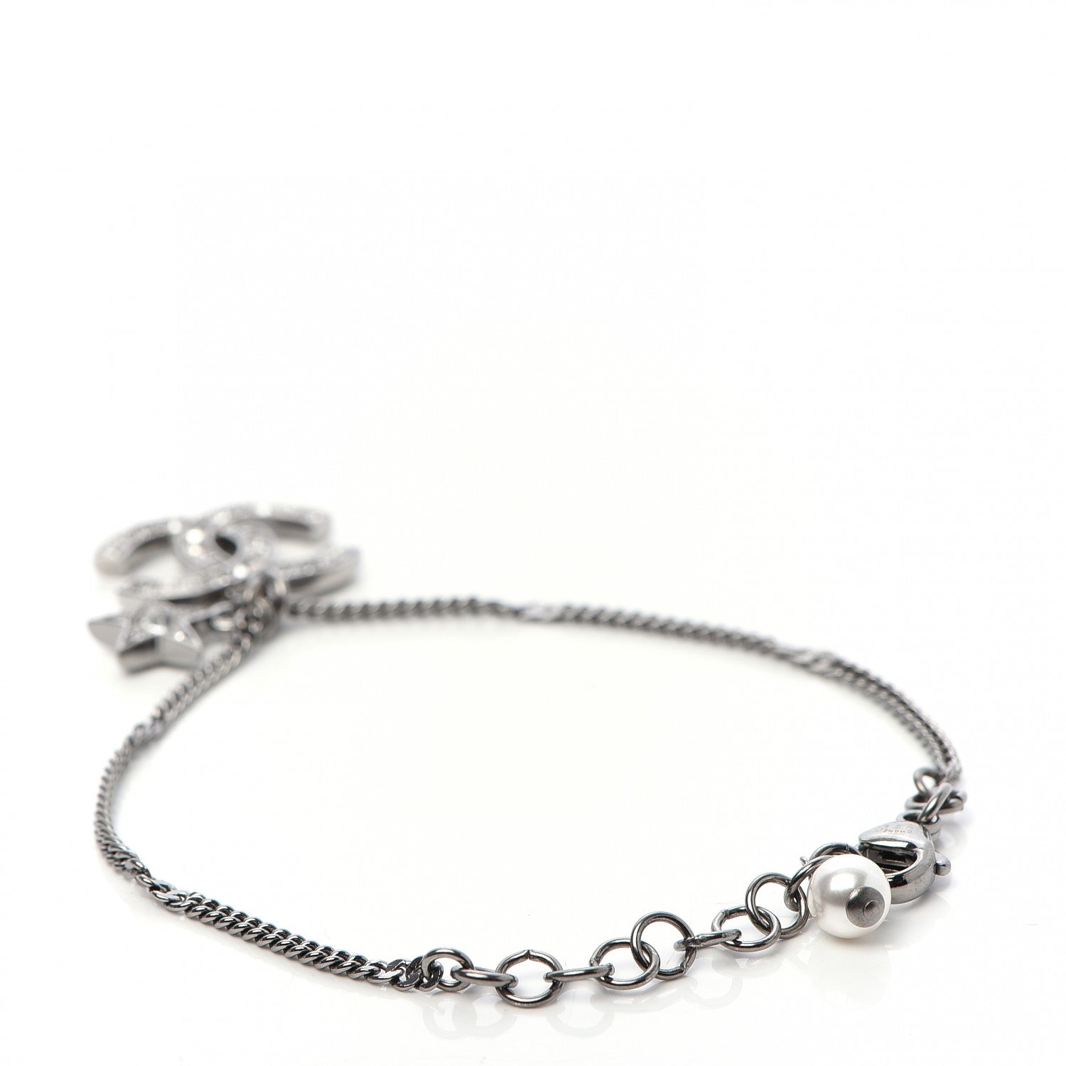 Chanel Metal Pearl Crystal Baguette CC Star Bracelet Silver 3 of 5