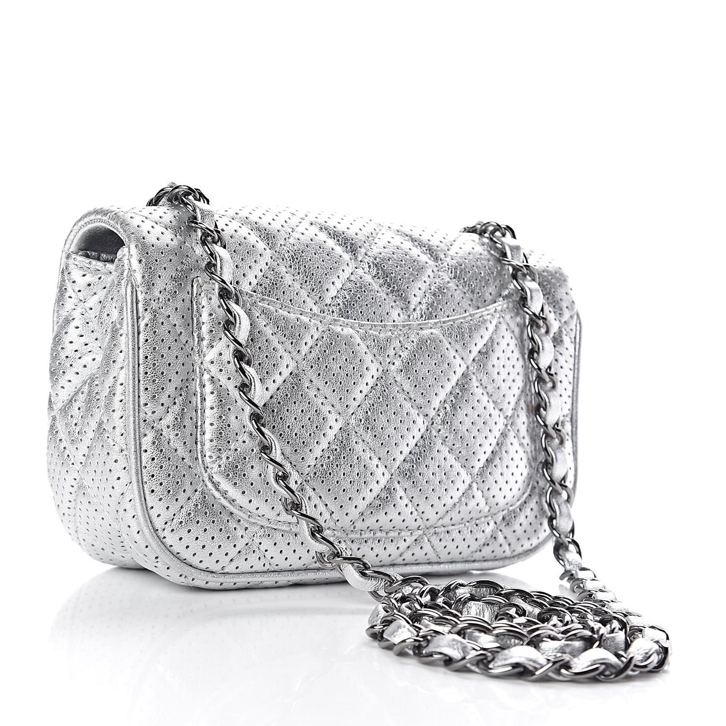 Metallic Lambskin Perforated Mini Rectangular Flap Silver