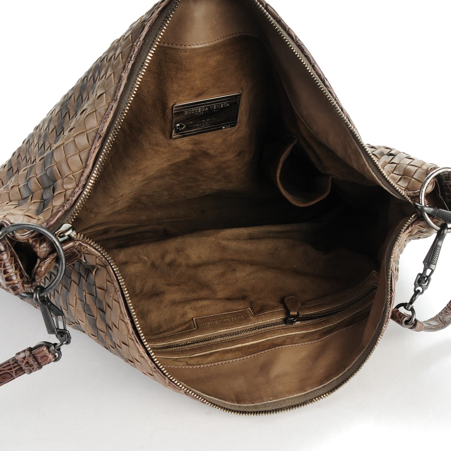 Nappa Intrecciato Alligator Large Shoulder Bag Brown