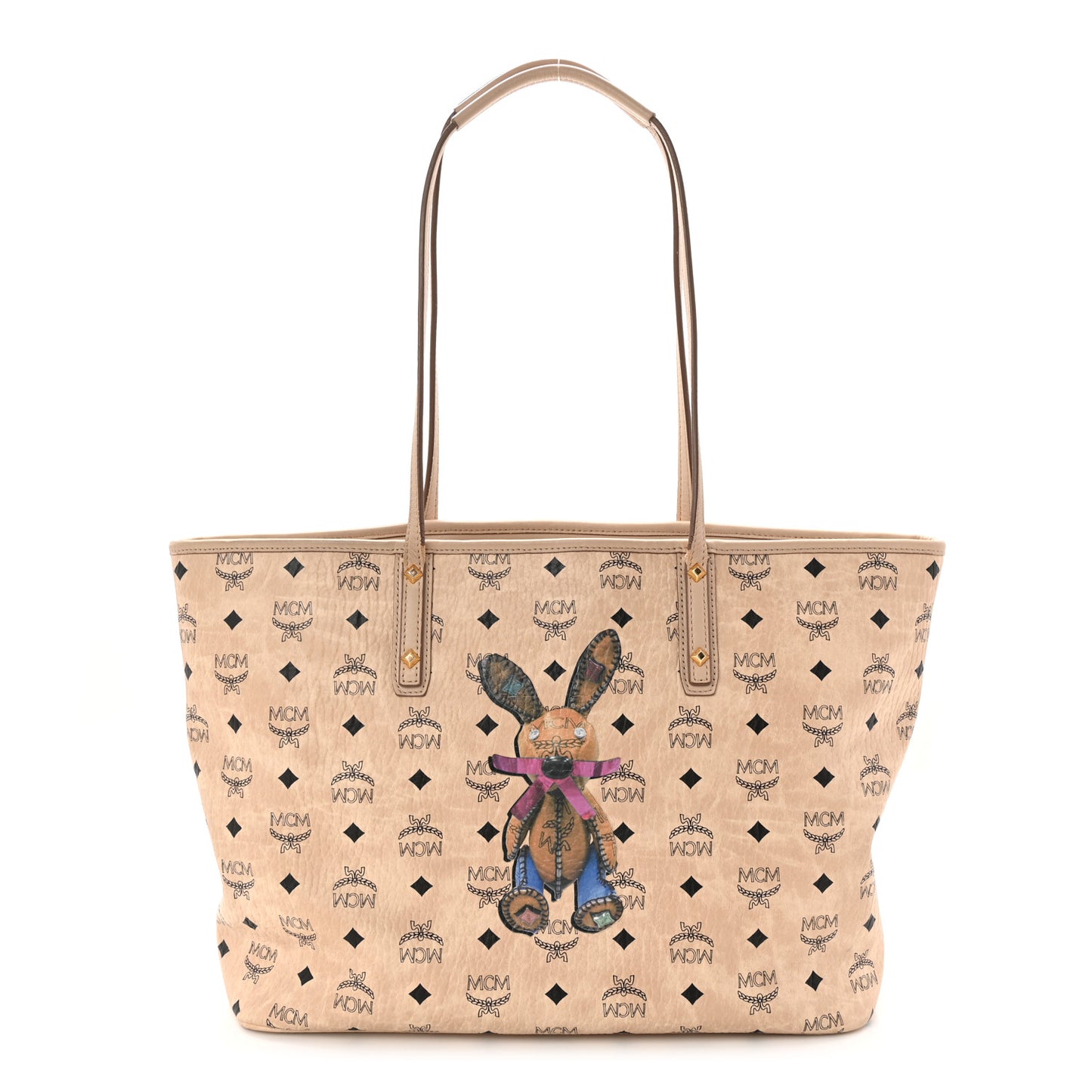 Visetos Medium Studded Rabbit Top Zip Shopper Tote Beige