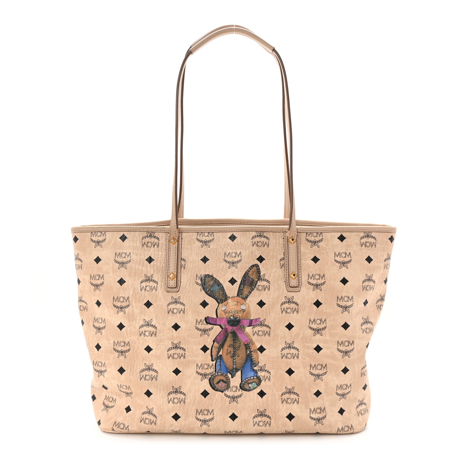 MCM Visetos Medium Studded Rabbit Top Zip Shopper Tote Beige 1 of 14