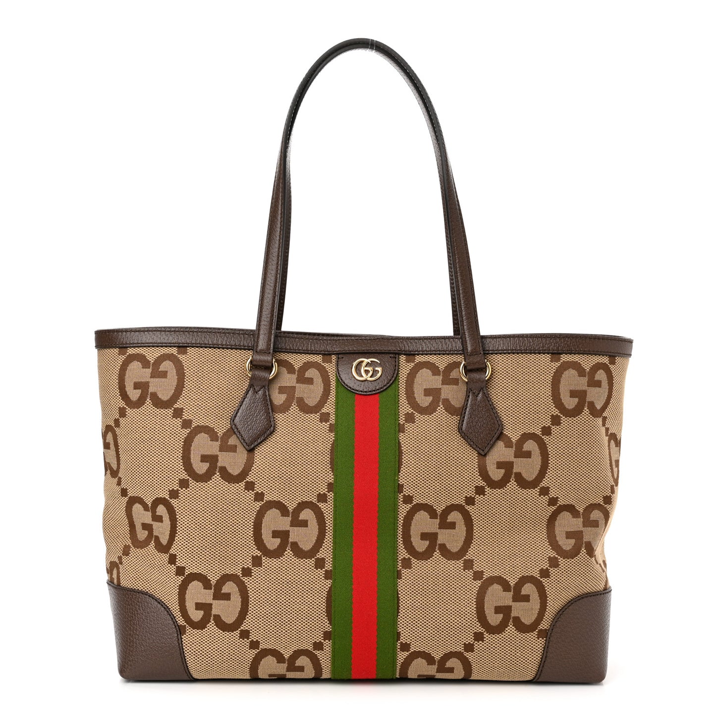 Monogram Jumbo GG Textured Dollar Calfskin Web Medium Ophidia Shopping Tote Camel Ebony