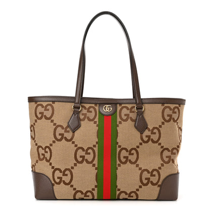 Gucci Monogram Jumbo GG Textured Dollar Calfskin Web Medium Ophidia Shopping Tote Camel Ebony 1 of 10