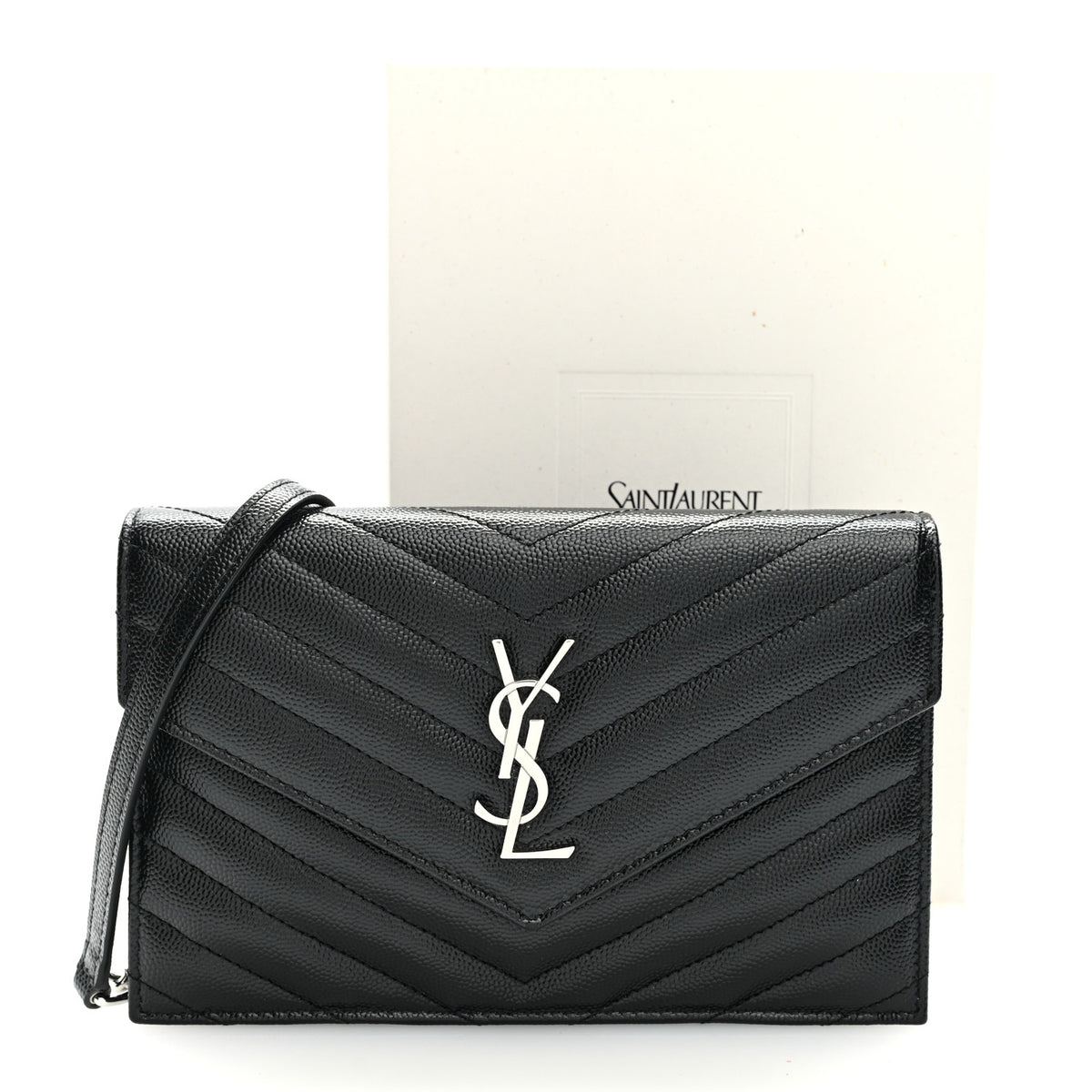 Grain De Poudre Matelasse Chevron Monogram Envelope Chain Wallet Black
