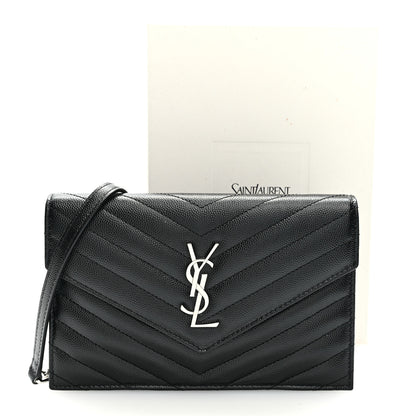 Saint Laurent Grain De Poudre Matelasse Chevron Monogram Envelope Chain Wallet Black 10 of 10
