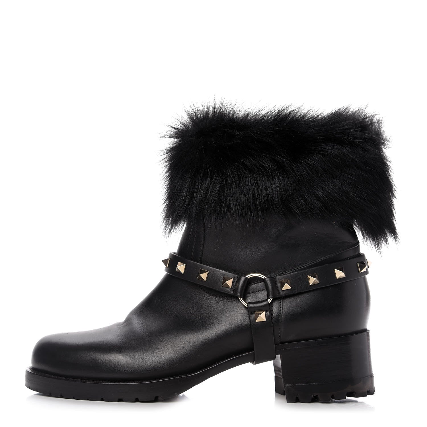 Valentino Garavani Calfskin Fox Fur Rockstud Boots 40 Black 1 of 8