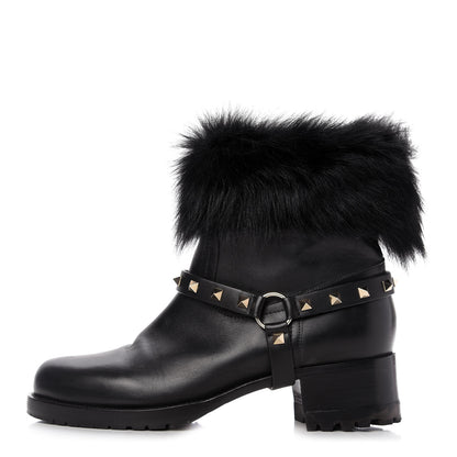 Valentino Garavani Calfskin Fox Fur Rockstud Boots 40 Black 1 of 8