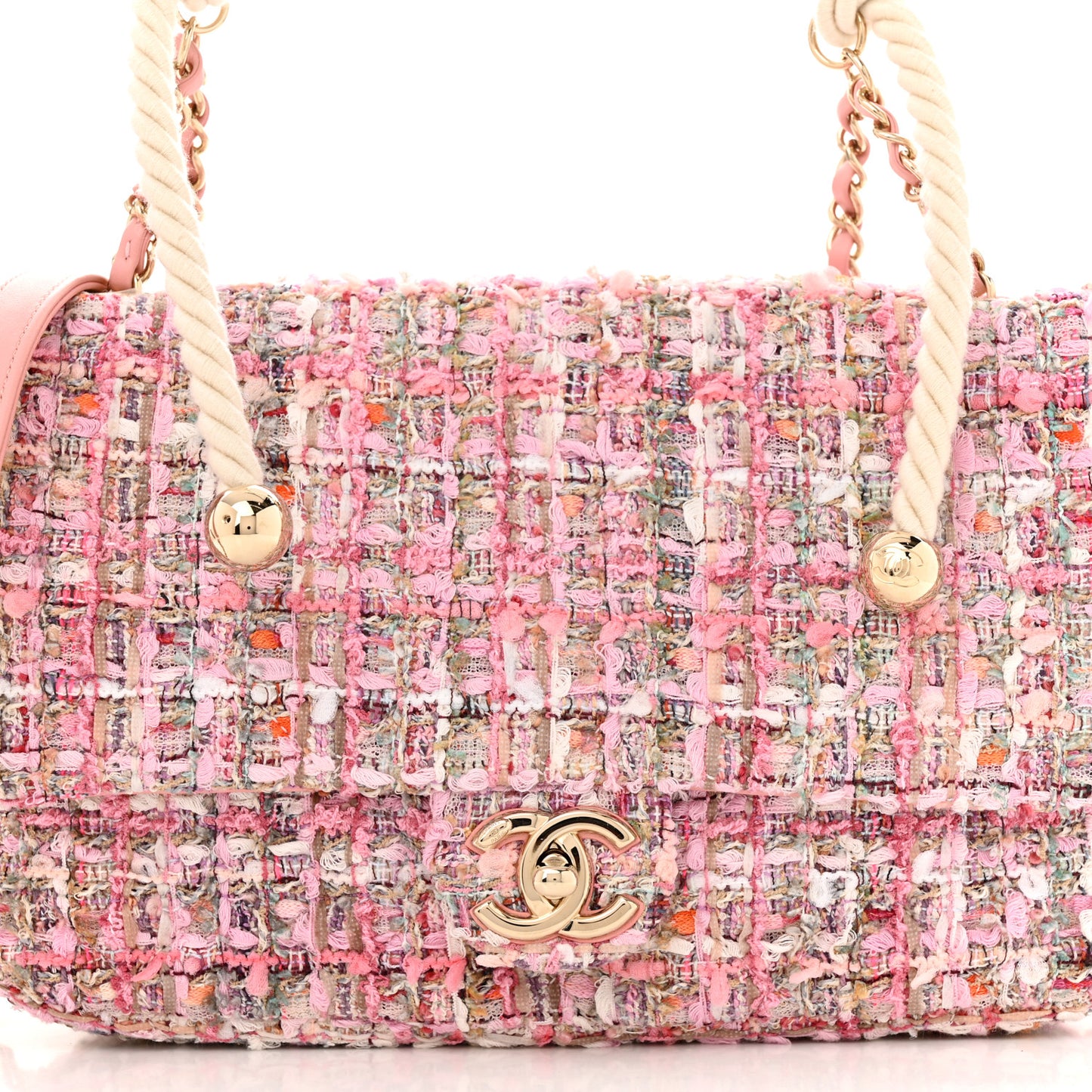 Tweed Medium Pearl Handle Flap Pink Beige Orange Ecru