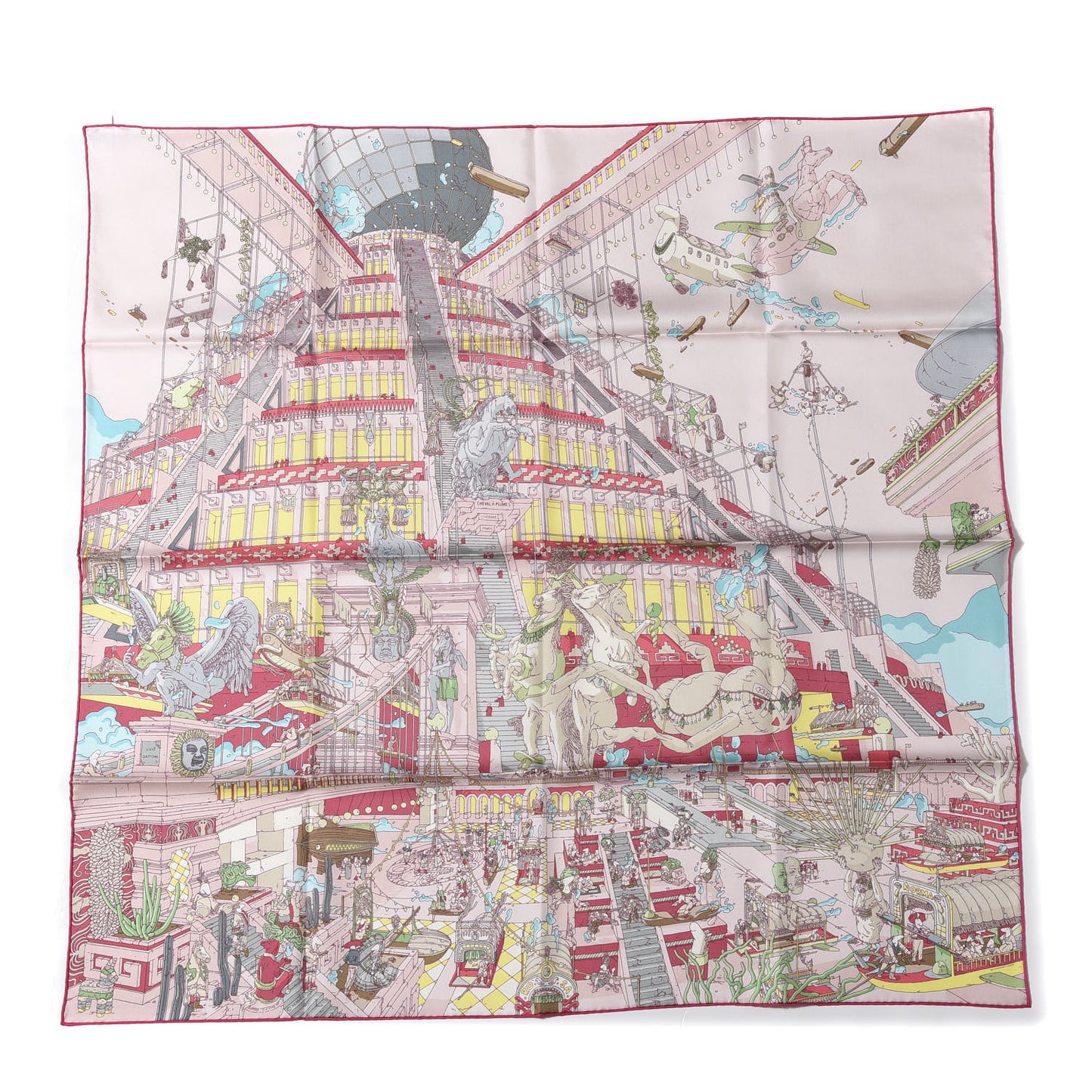 Silk La Legende Du Cheval A Plumes Scarf 90 Rose Pale Jaune Vif Turquoise