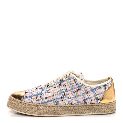 Chanel Tweed Laminated Lambskin Lace Up Espadrilles 39 Pink Blue Gold White 1 of 11