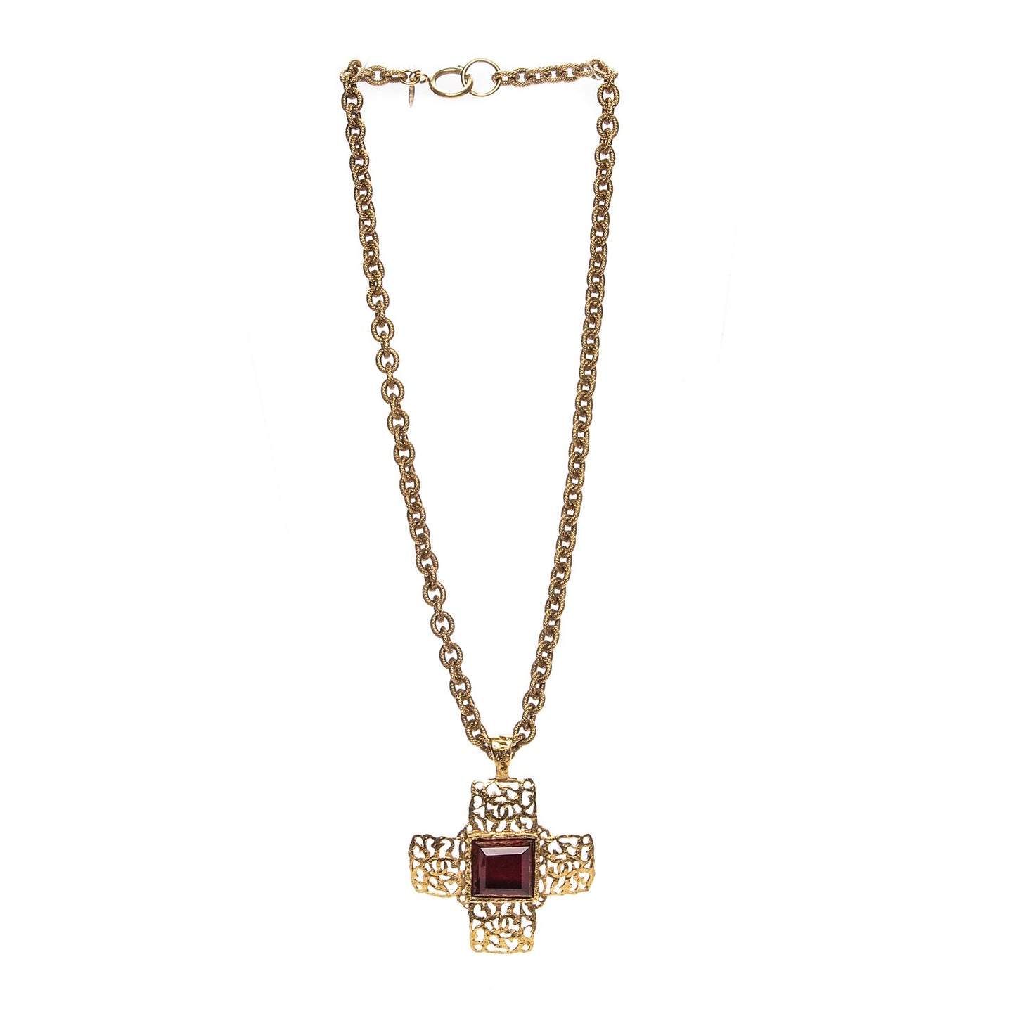 Gripoix CC Cross Pendant Necklace Red Gold
