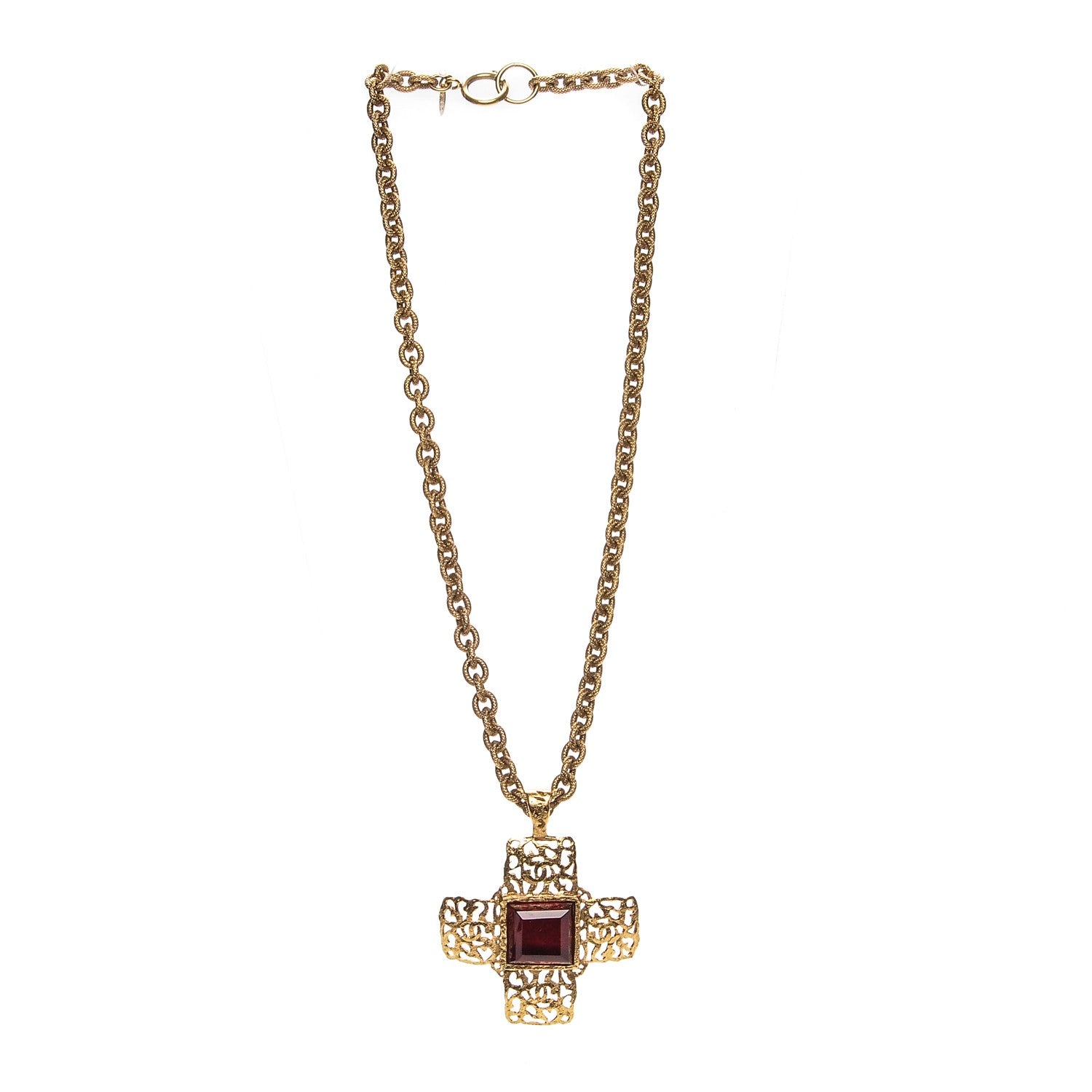 Chanel Gripoix CC Cross Pendant Necklace Red Gold 7 of 7