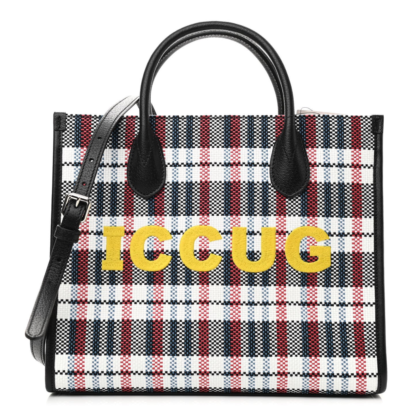 Canvas Plaid ICCUG Embroidered Small Tote Bag Black White Red Blue Smile Yellow