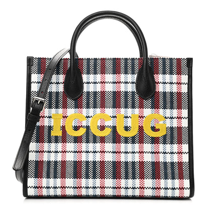 Gucci Canvas Plaid ICCUG Embroidered Small Tote Bag Black White Red Blue Smile Yellow 1 of 10