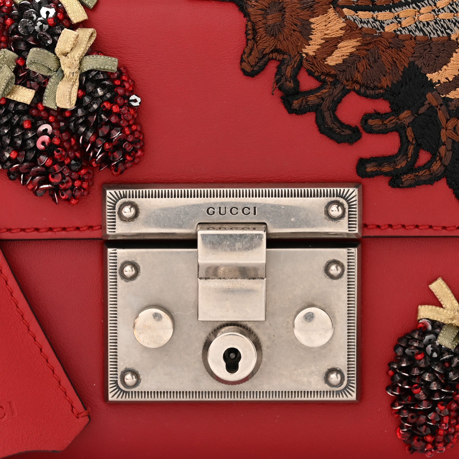 Gucci Calfskin Bee Embroidered Small Padlock Shoulder Bag Hibiscus Red 8 of 11