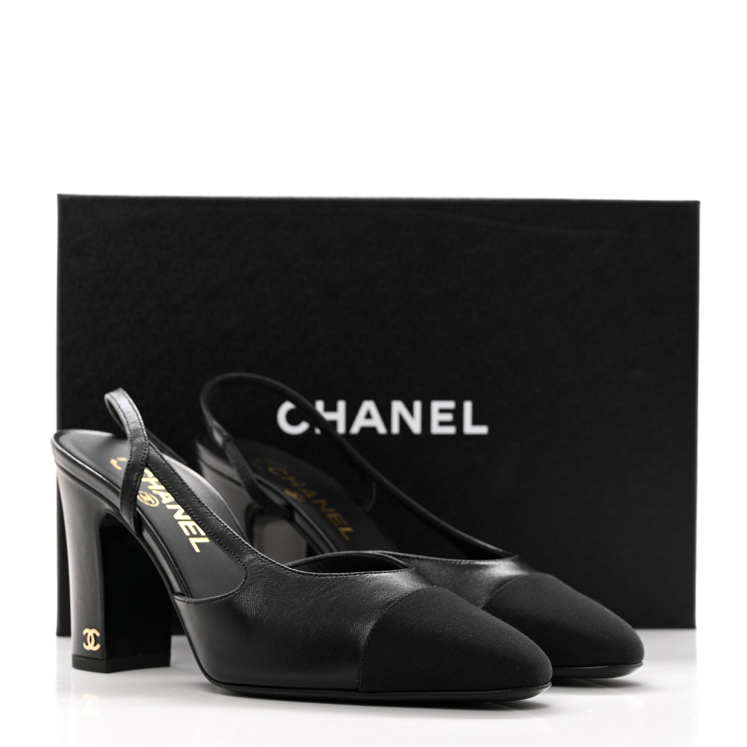 Chanel Lambskin Grosgrain Cap Toe CC Slingback Pumps 37 Black 9 of 9