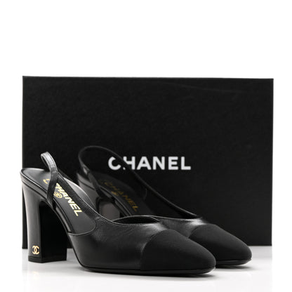 Chanel Lambskin Grosgrain Cap Toe CC Slingback Pumps 37 Black 9 of 9