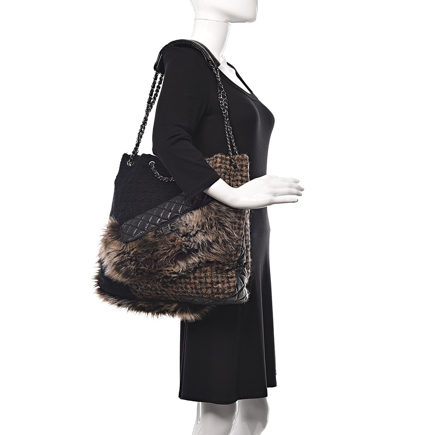 Chanel Tweed Lambskin Fantasy Fur Karl's Cabas Tote Black 2 of 15