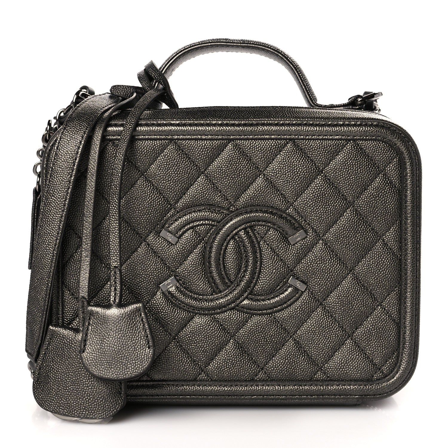 Chanel Metallic Caviar Quilted Medium CC Filigree Vanity Case Dark Silver 1 of 9