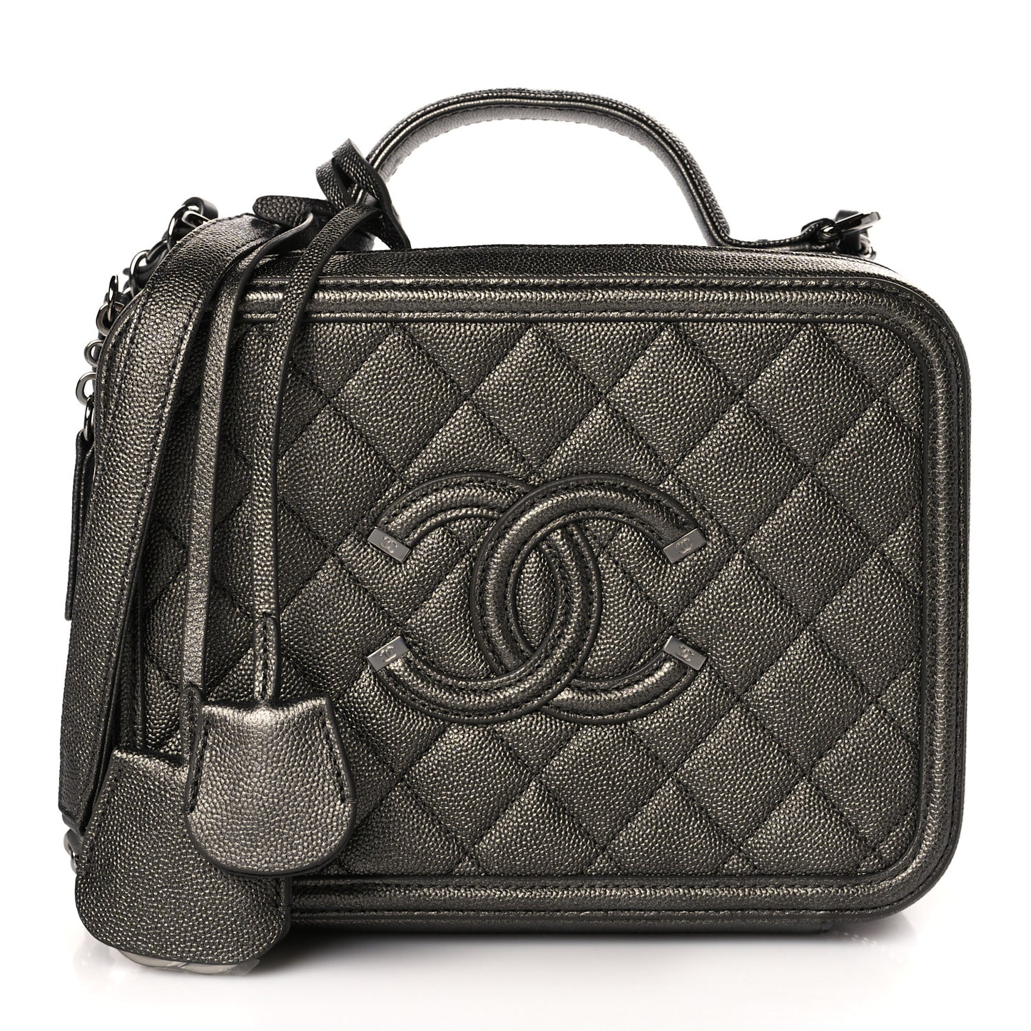 Metallic Caviar Quilted Medium CC Filigree Vanity Case Dark Silver