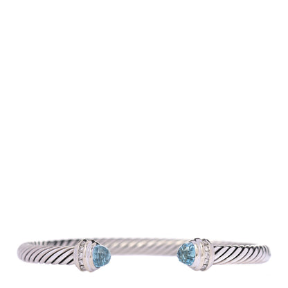 David Yurman Sterling Silver 18K White Gold Diamond Blue Topaz 5mm Cable Classics Bracelet 1 of 4