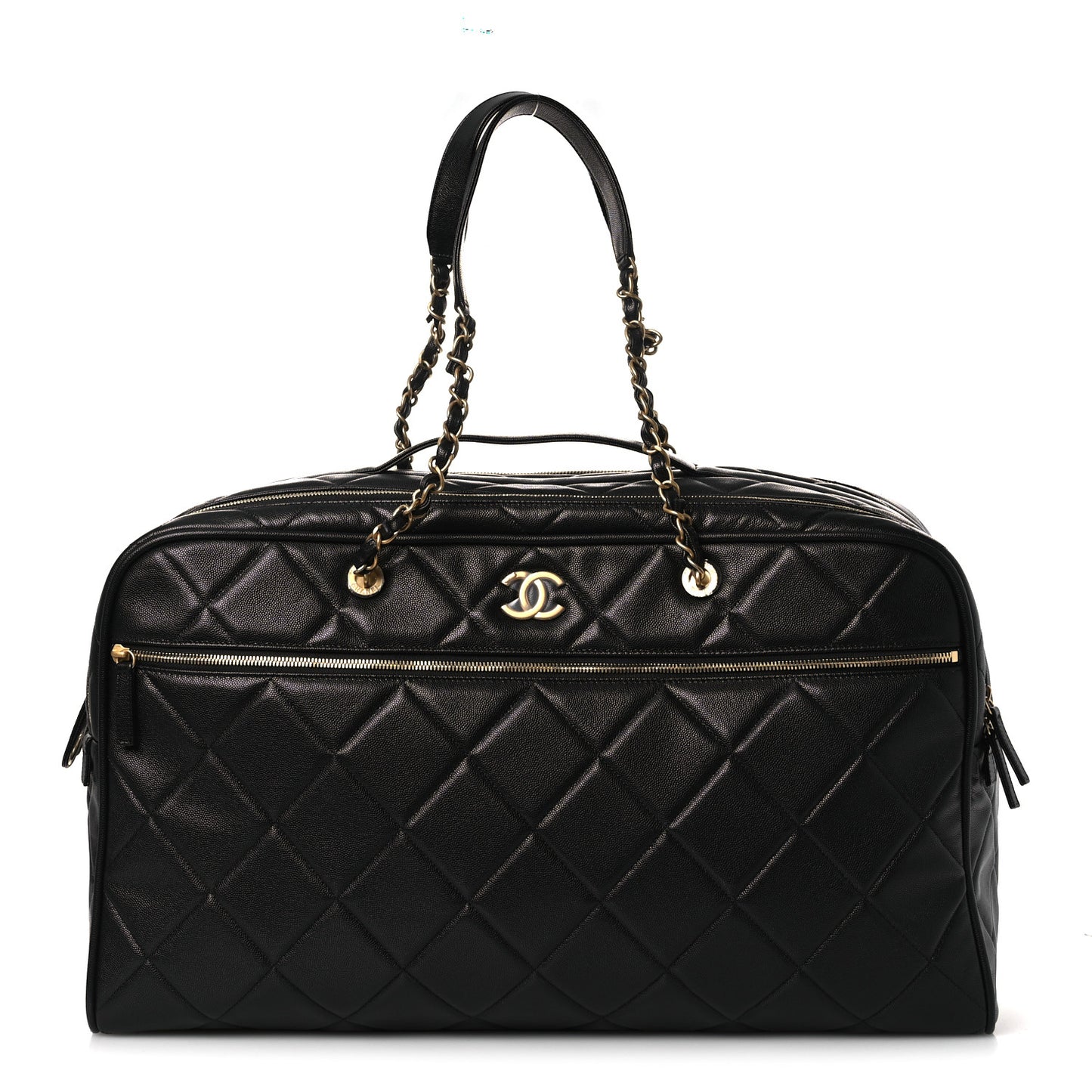 Shiny Grained Calfskin Quilted Large Travel Bowling Bag Black