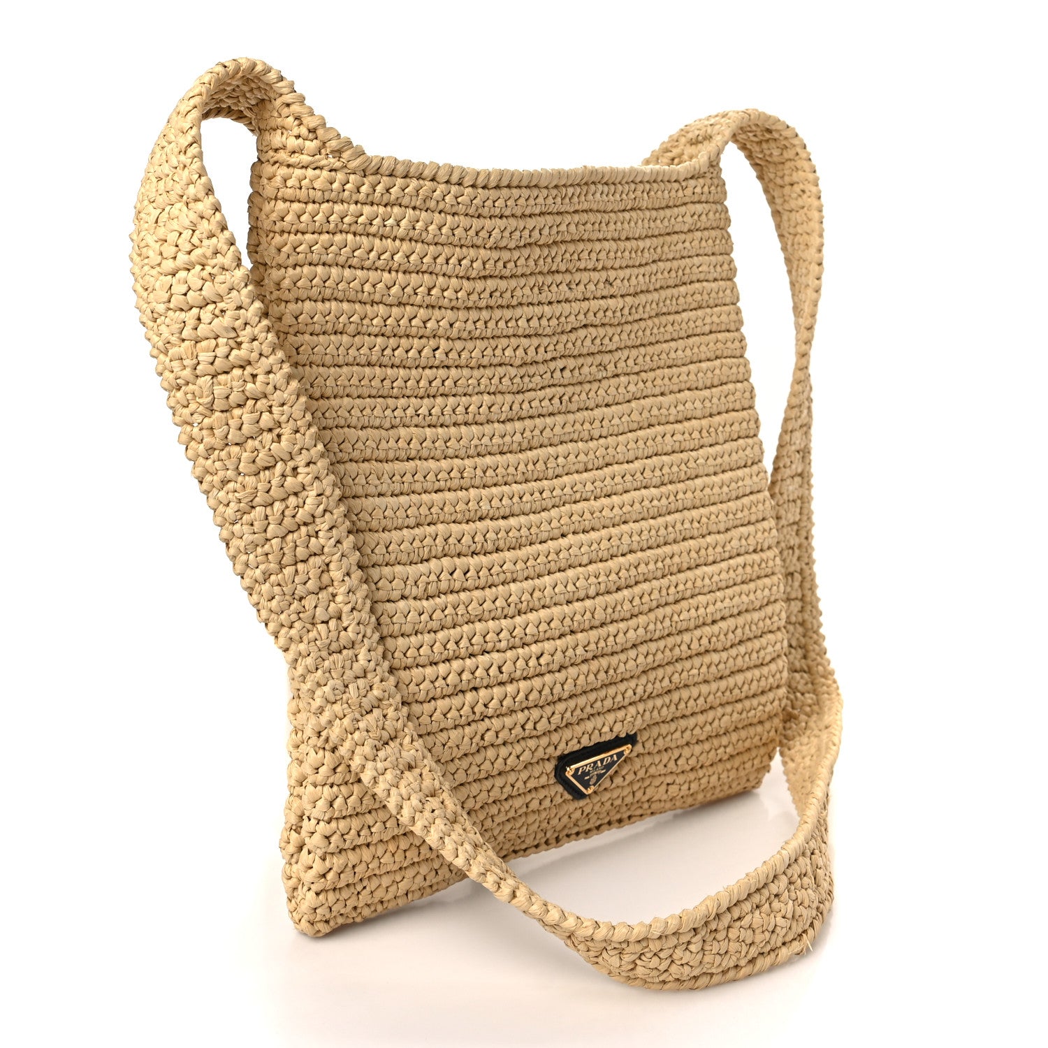 Prada Yarn Raffia Effect Crochet Embroidered Logo Tote Messenger Bag Naturale 2 of 8