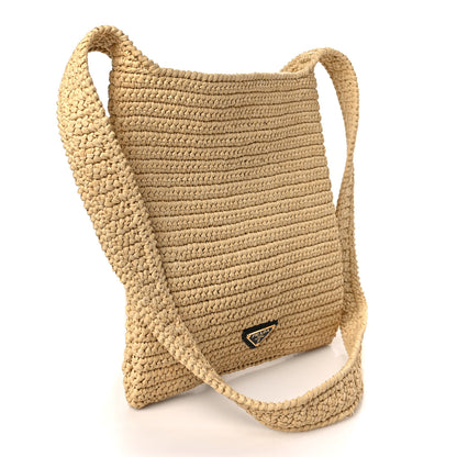 Prada Yarn Raffia Effect Crochet Embroidered Logo Tote Messenger Bag Naturale 2 of 8
