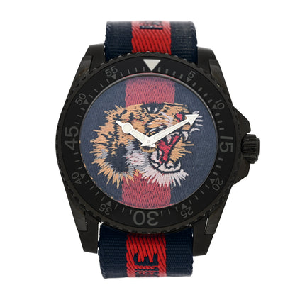 Gucci Stainless Steel Nylon 45mm Le Marche Des Merveilles Tiger Quartz Watch Navy 1 of 6