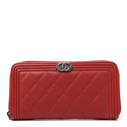 Chanel Caviar Quilted Large Boy Zip Around Wallet Red 1 of 11