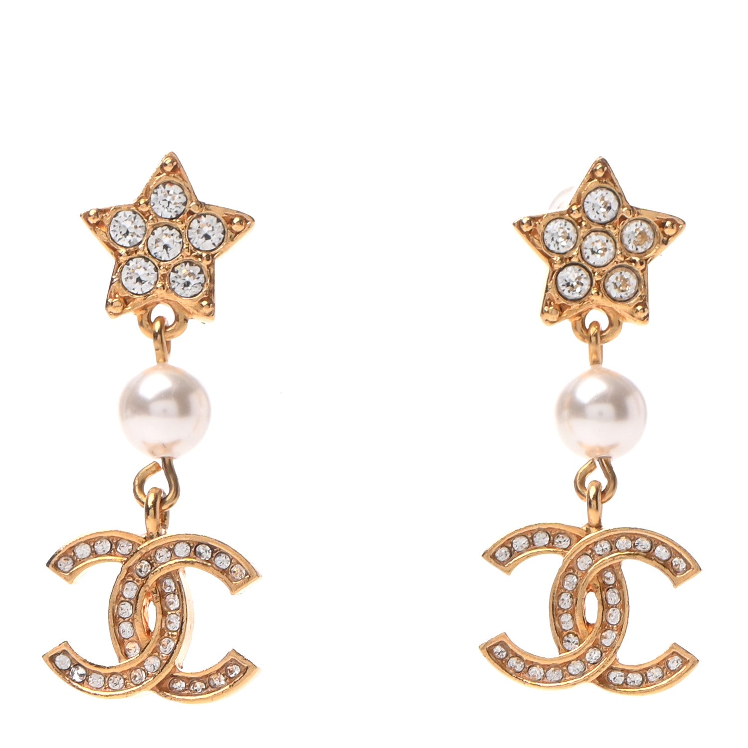 Chanel Crystal Pearl CC Star Drop Earrings Gold 1 of 4