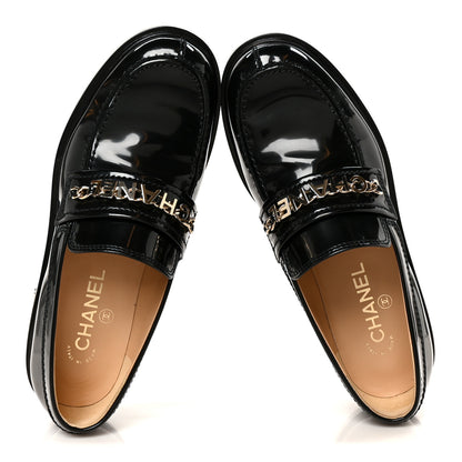 Chanel Shiny Calfskin Logo Loafers 38.5 Black 2 of 10