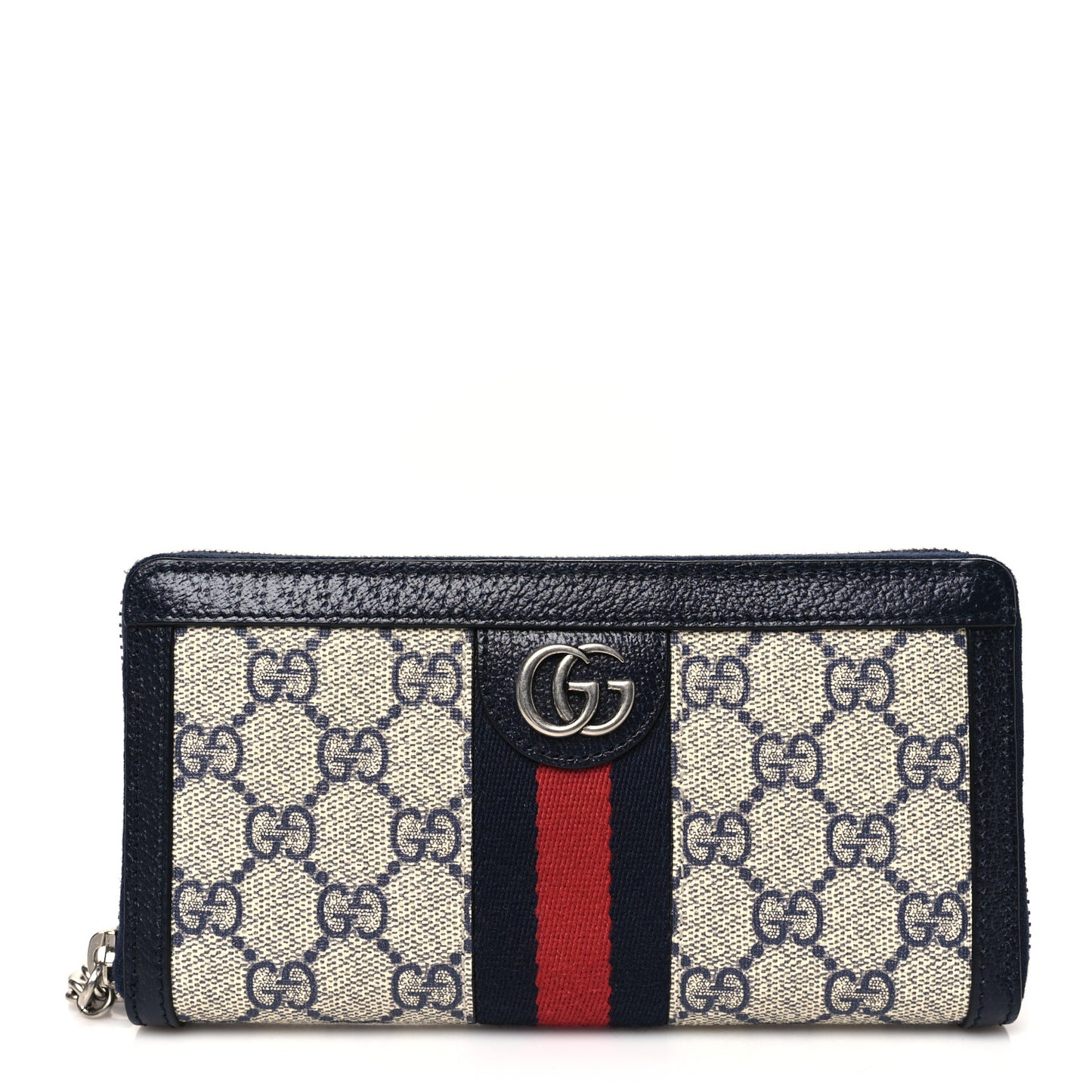 GG Supreme Monogram Textured Dollar Calfskin Web Ophidia Zip Around Wallet Beige Blue
