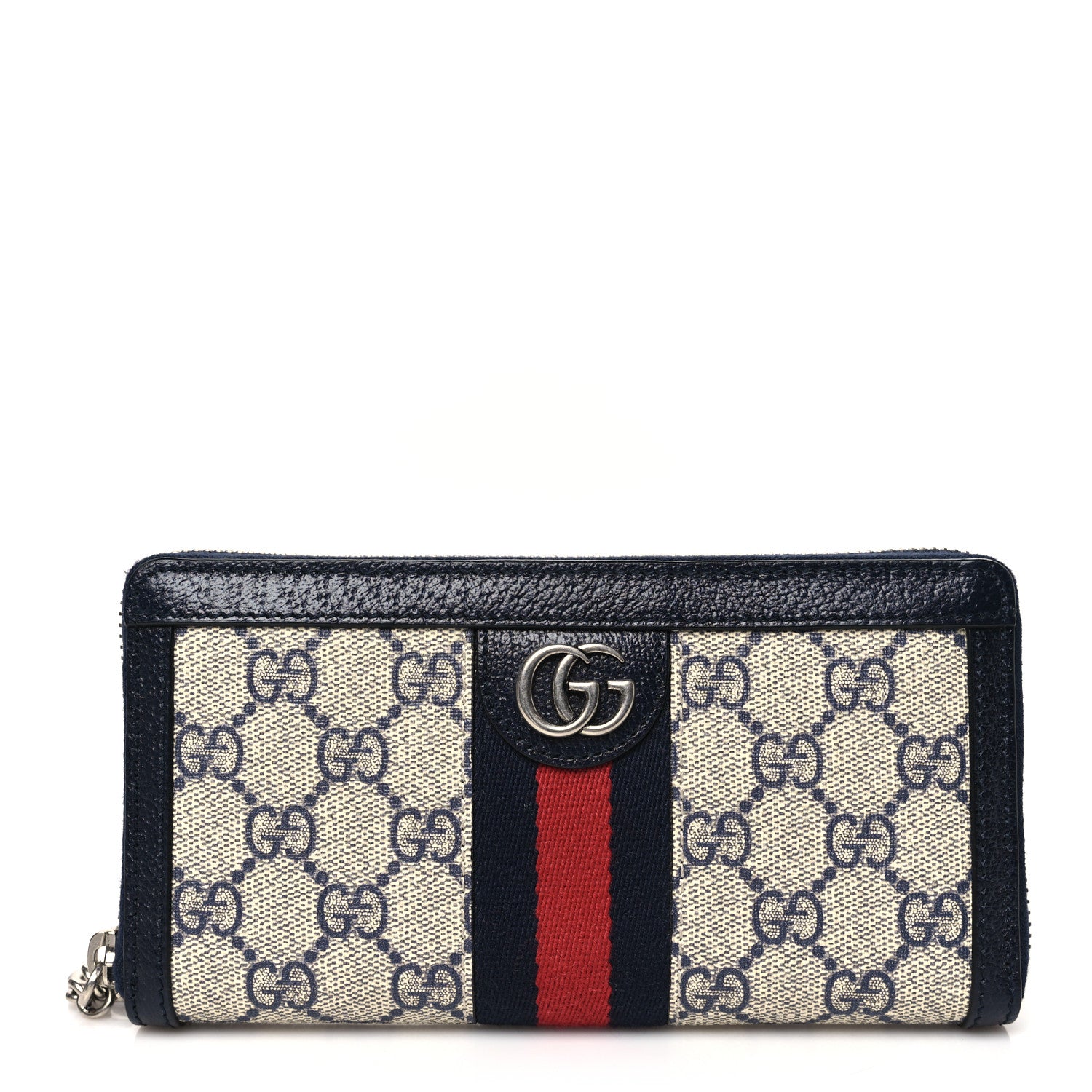 Gucci GG Supreme Monogram Textured Dollar Calfskin Web Ophidia Zip Around Wallet Beige Blue 2 of 18