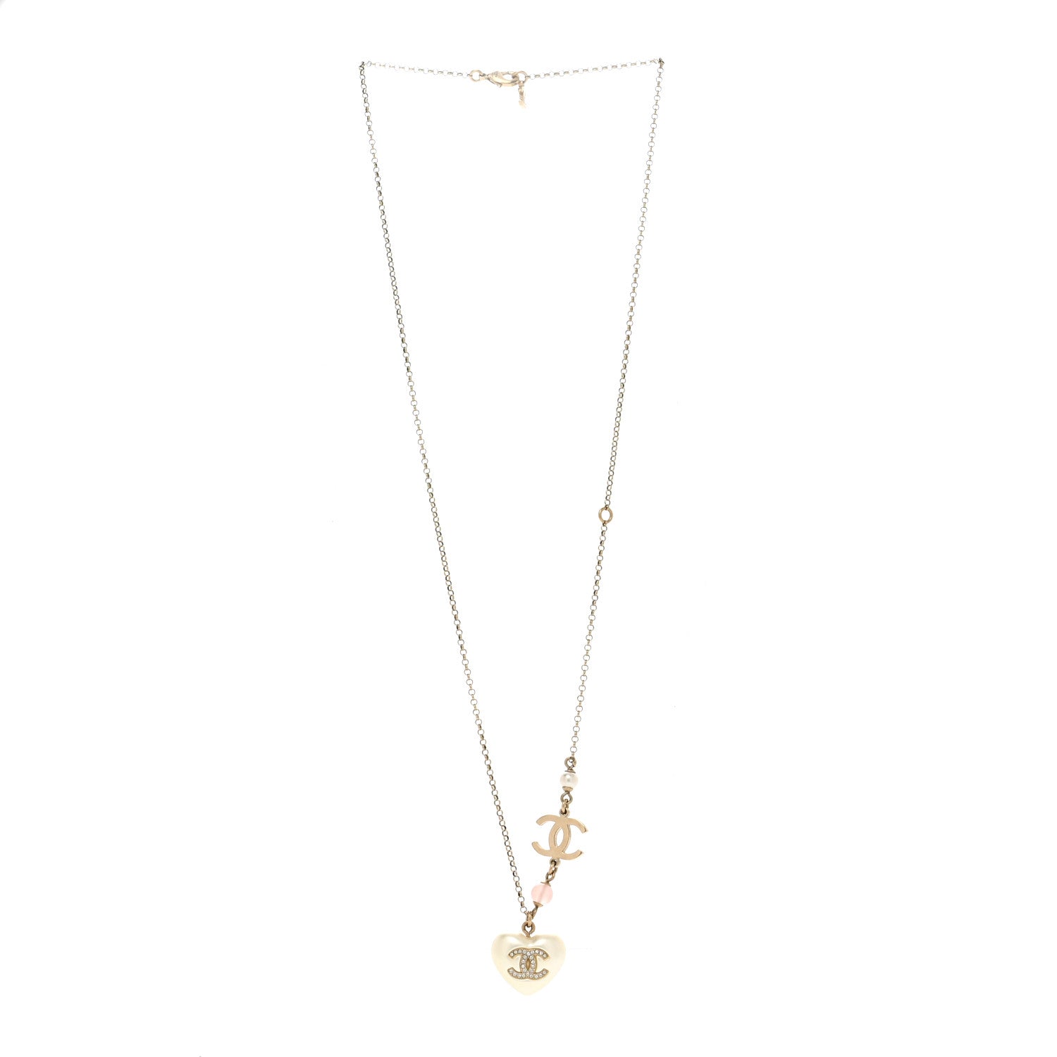 Chanel Resin Crystal CC Heart Necklace Pearly White Gold 3 of 4