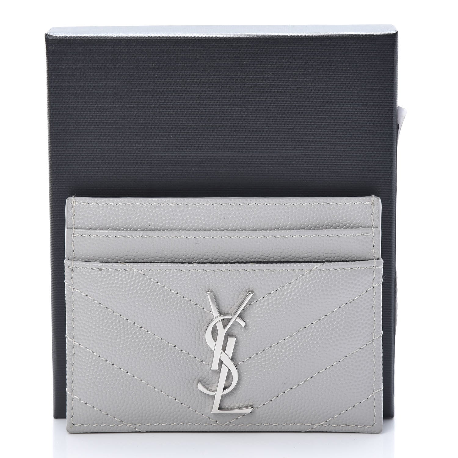 Saint Laurent Grain De Poudre Matelasse Chevron Card Case Granite 8 of 8