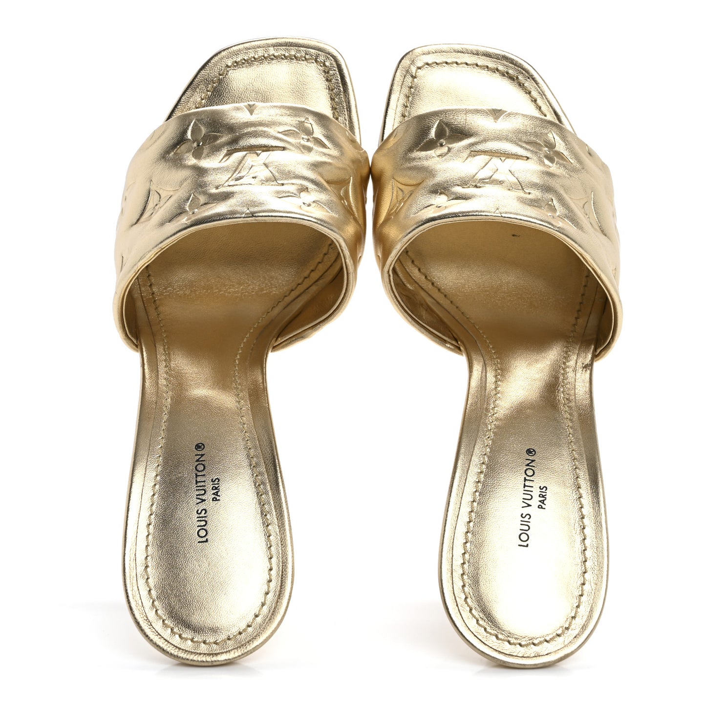 Metallic Lambskin Embossed Monogram Revival High Heel Mules 39.5  Gold