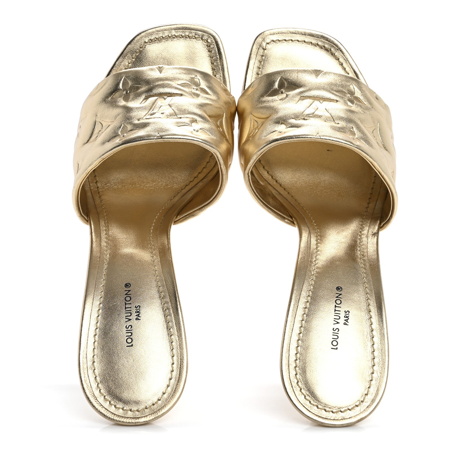 Louis Vuitton Metallic Lambskin Embossed Monogram Revival High Heel Mules 39.5  Gold 2 of 16