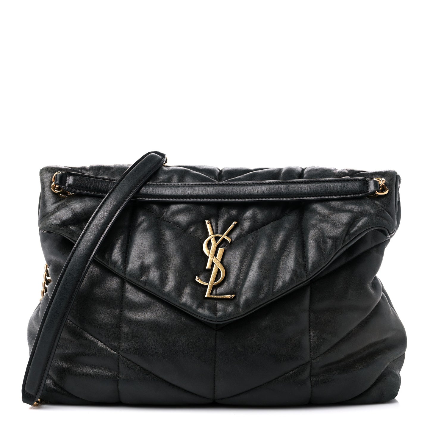 Lambskin Quilted Medium Loulou Puffer Monogram Chain Satchel Black