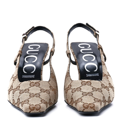 Gucci Monogram Malga Kid Square G 75mm Slingback Pumps 36 Beige Ebony New Acero 2 of 7
