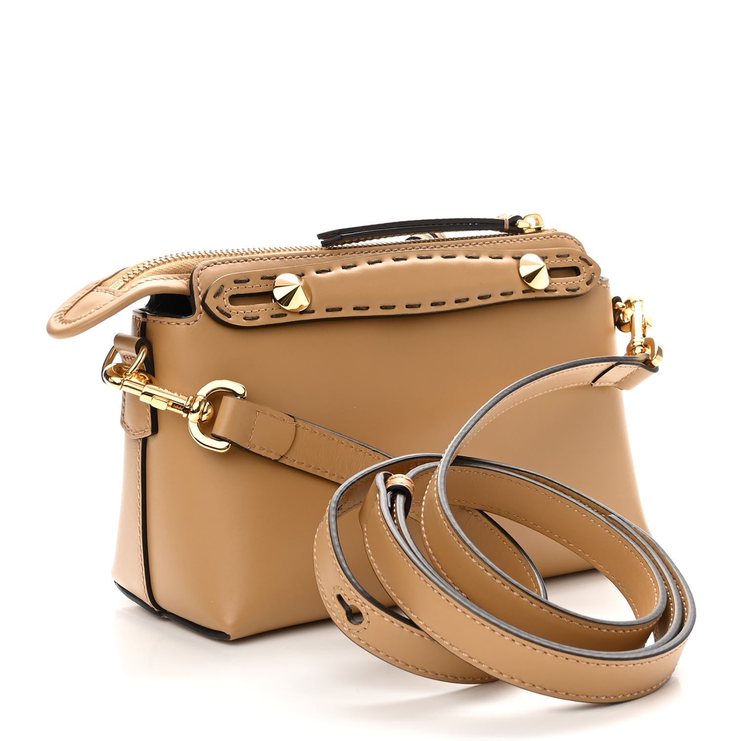Fendi Vitello King Logo Embossed Mini By The Way Boston Bag Miele Scuro 3 of 9