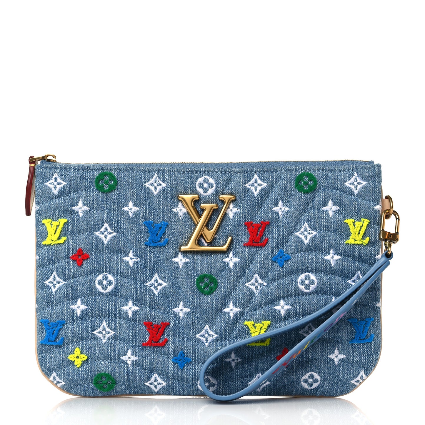 Embroidered Monogram Denim New Wave Zipped Pochette Blue