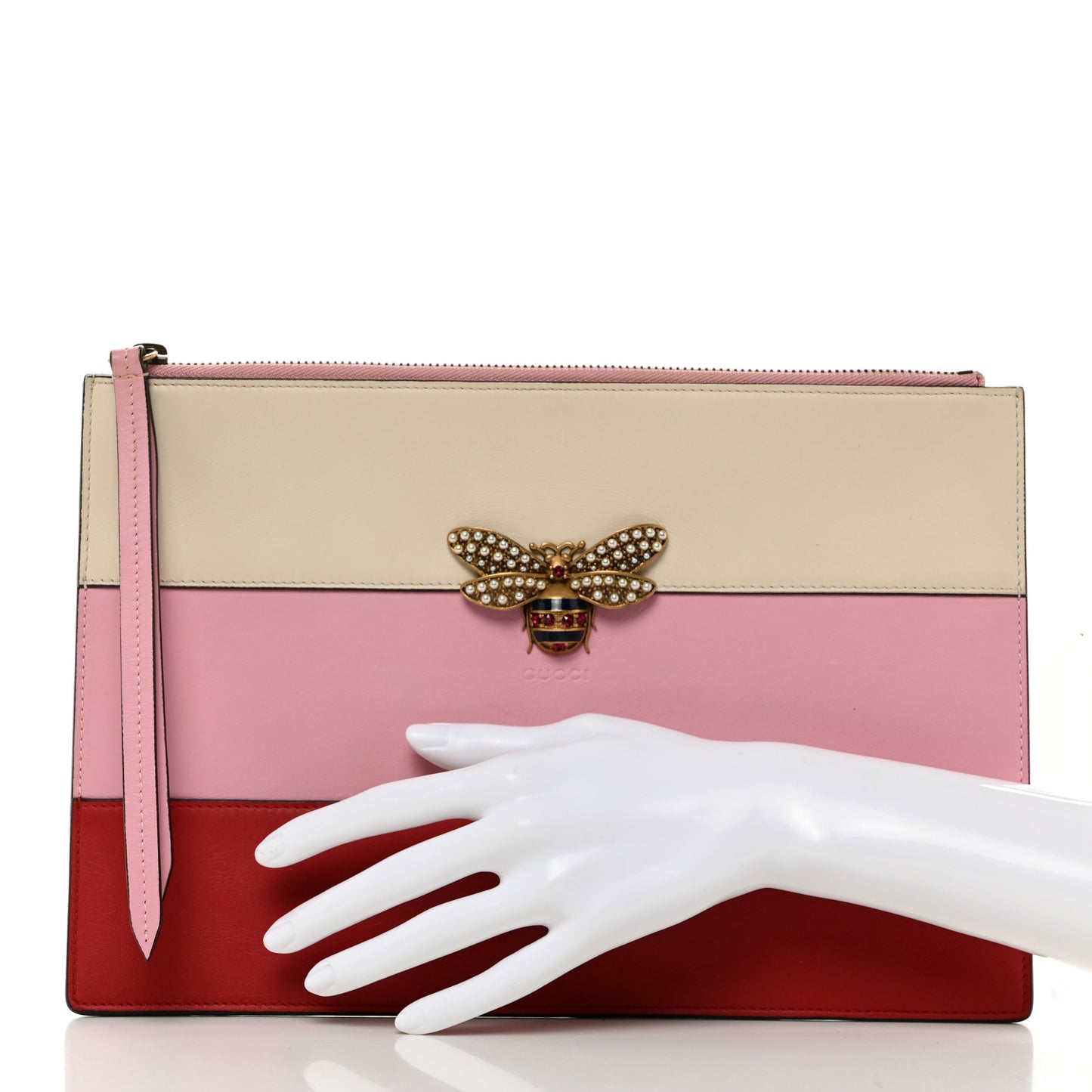Calfskin Striped Oversized Bee Zip Pouch White Pink Red