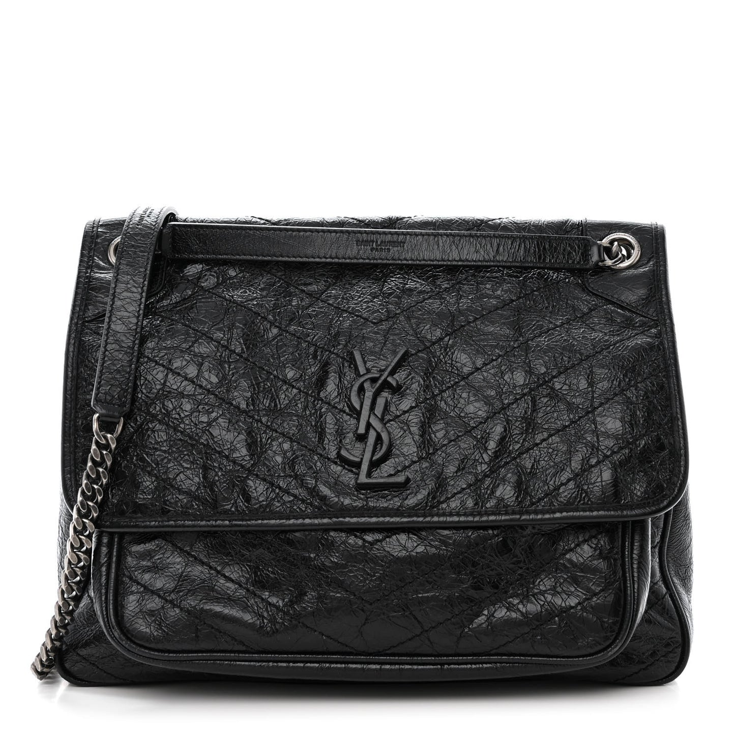 Crinkled Calfskin Matelasse Monogram Large Niki Chain Satchel Black