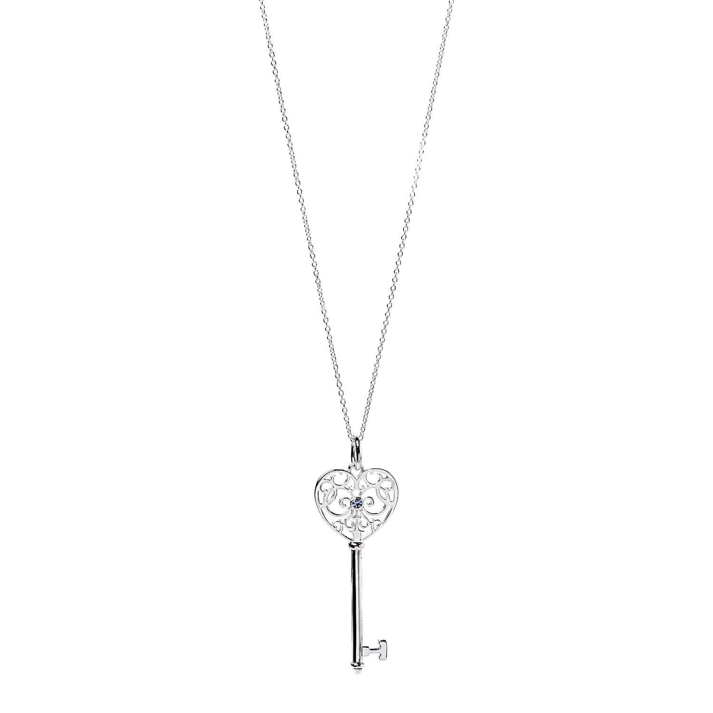 Sterling Silver Blue Sapphire Enchant Heart Key Pendant Necklace