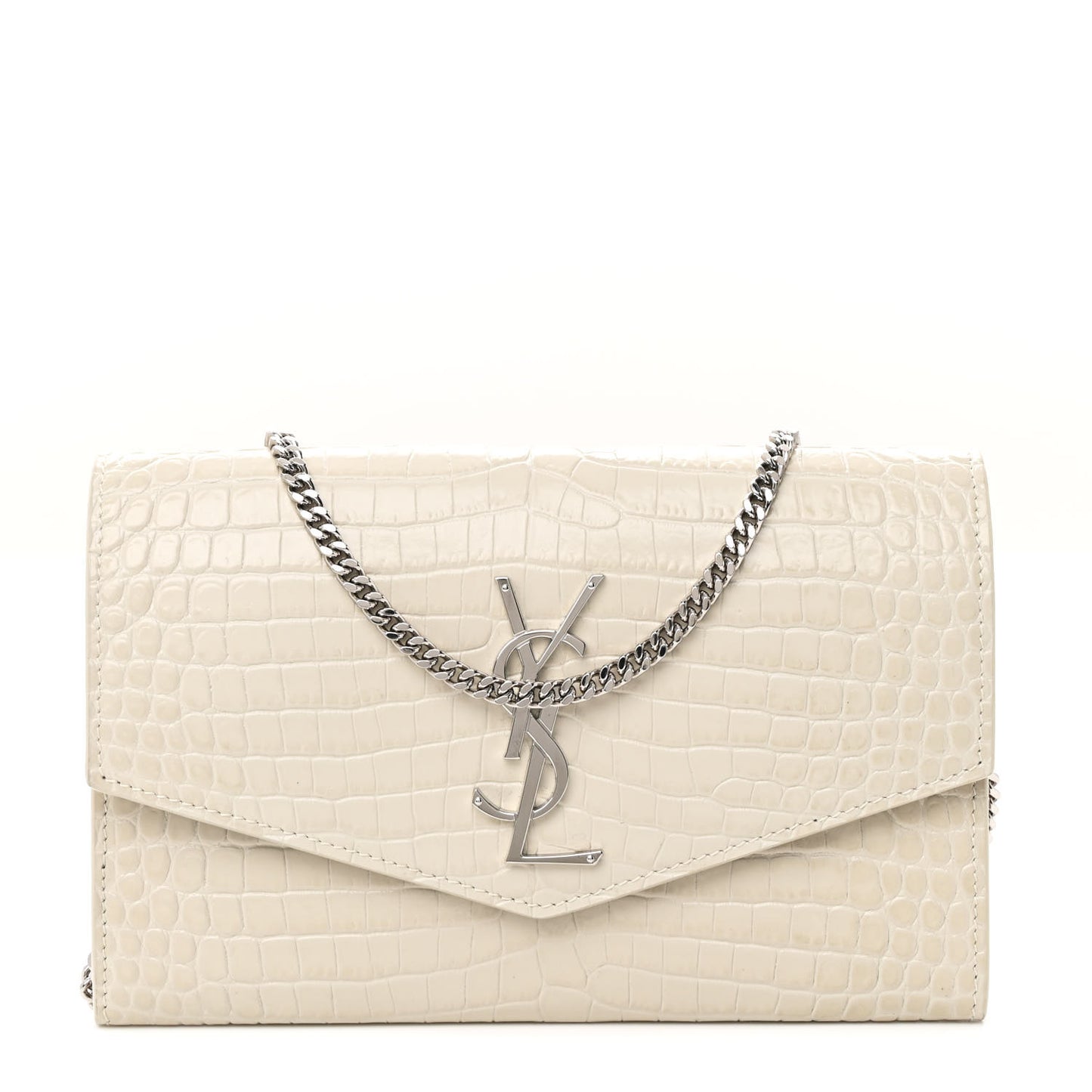 Calfskin Crocodile Embossed Monogram Uptown Chain Wallet Crema Soft