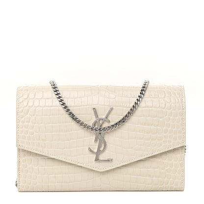 Saint Laurent Calfskin Crocodile Embossed Monogram Uptown Chain Wallet Crema Soft 1 of 11