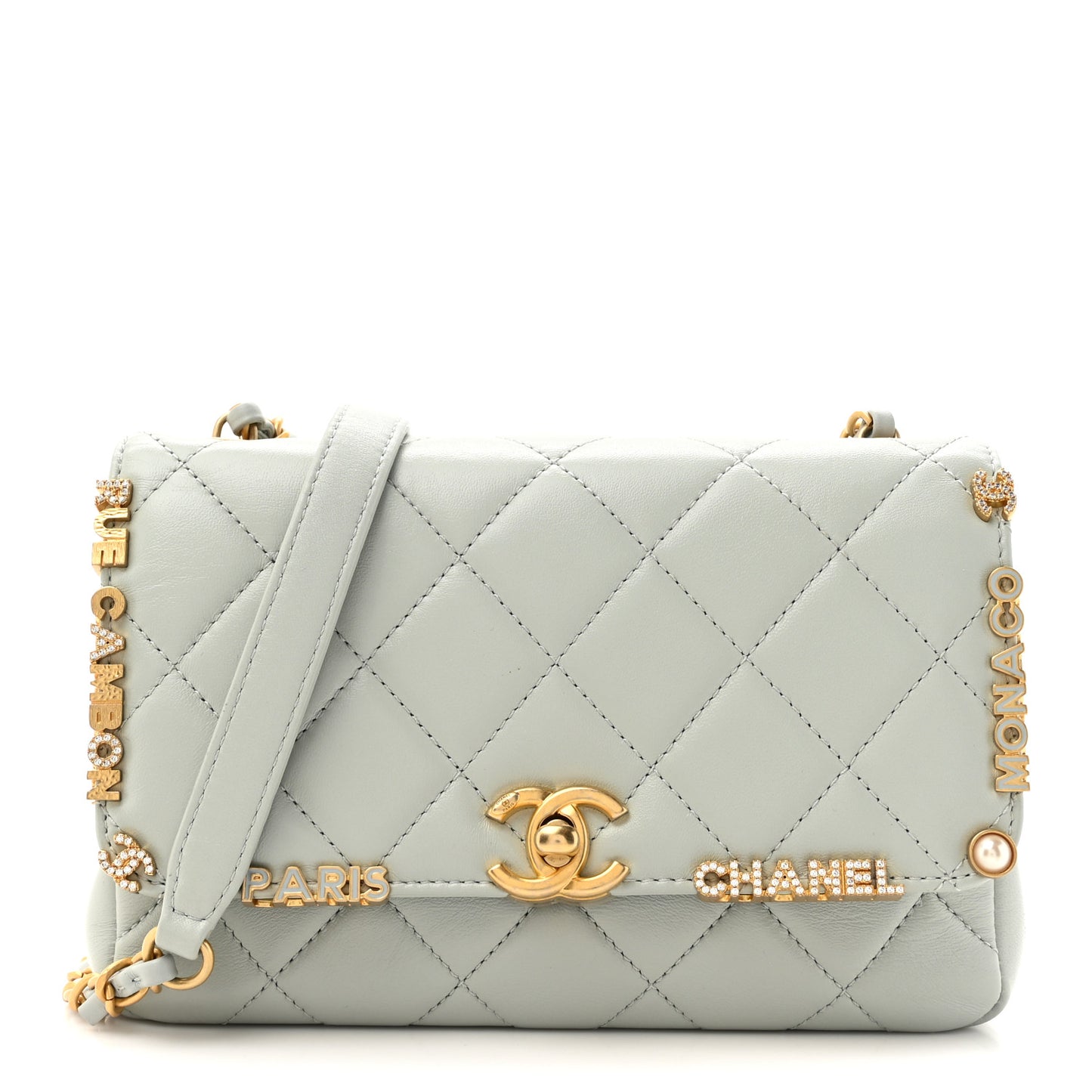 Lambskin Enamel Strass Quilted Mini Paris Monaco Flap Light Grey Light Grey