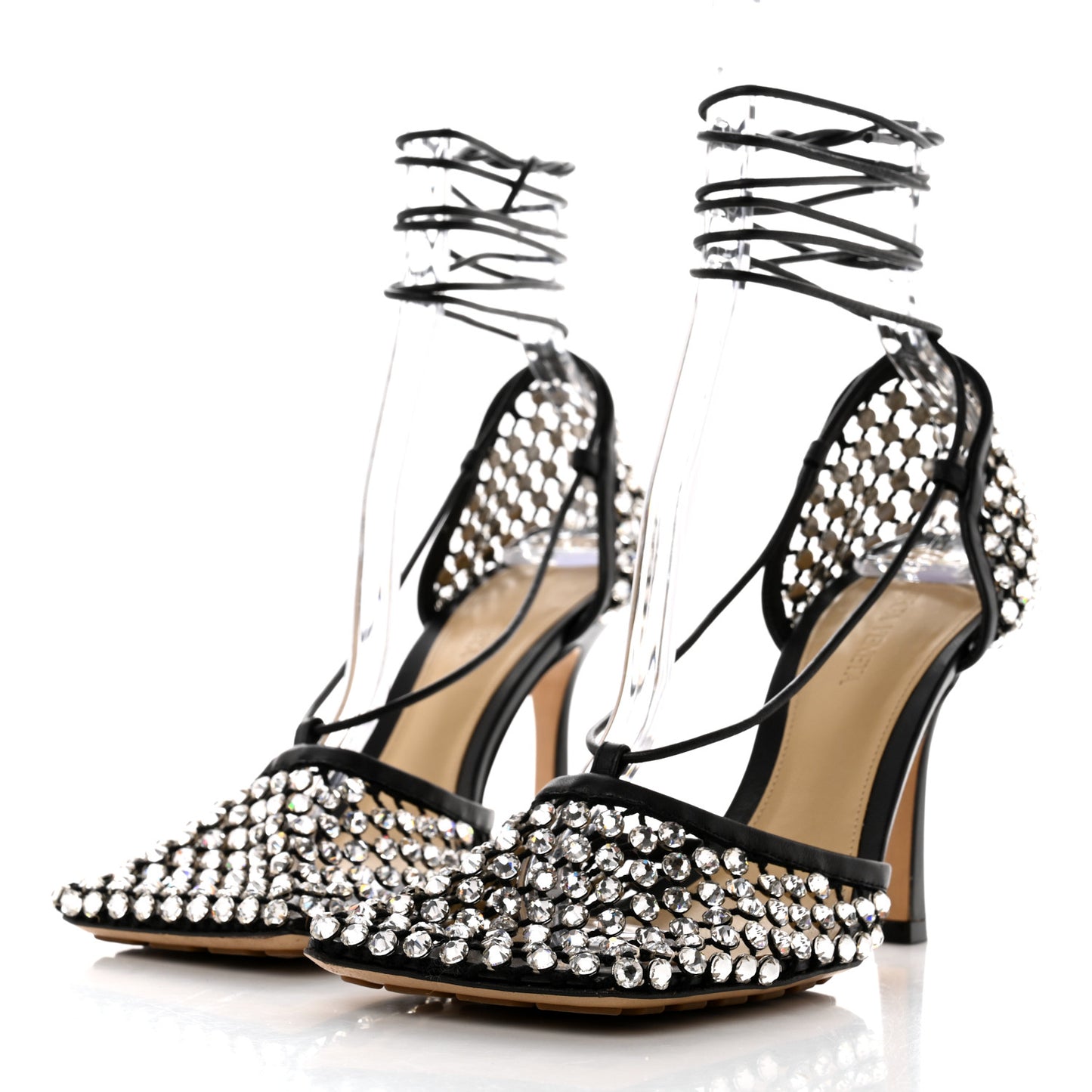 Mesh Nappa Crystal Embellished Sparkle Stretch Ankle Tie Sandals 39 Black